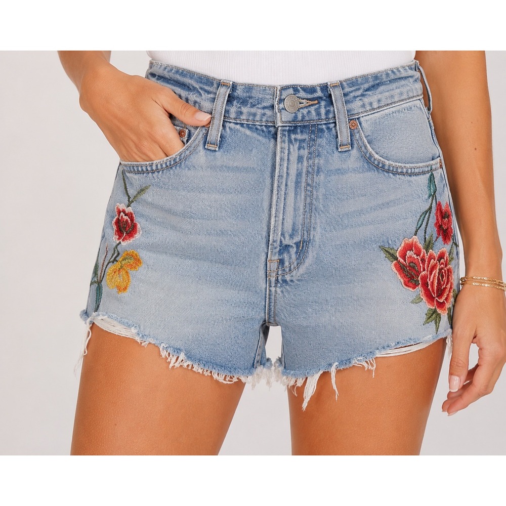 GRLFRND Cindy High Rise Floral Embroidered Denim Shorts Rising Sun Blue Women 29